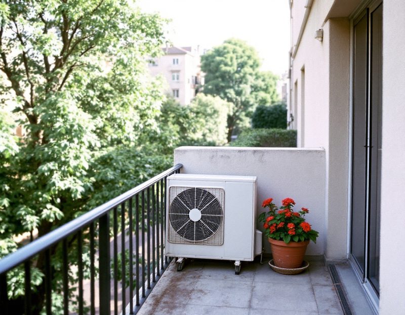 Groupe extérieur de climatisation installé sur un balcon d'appartement
